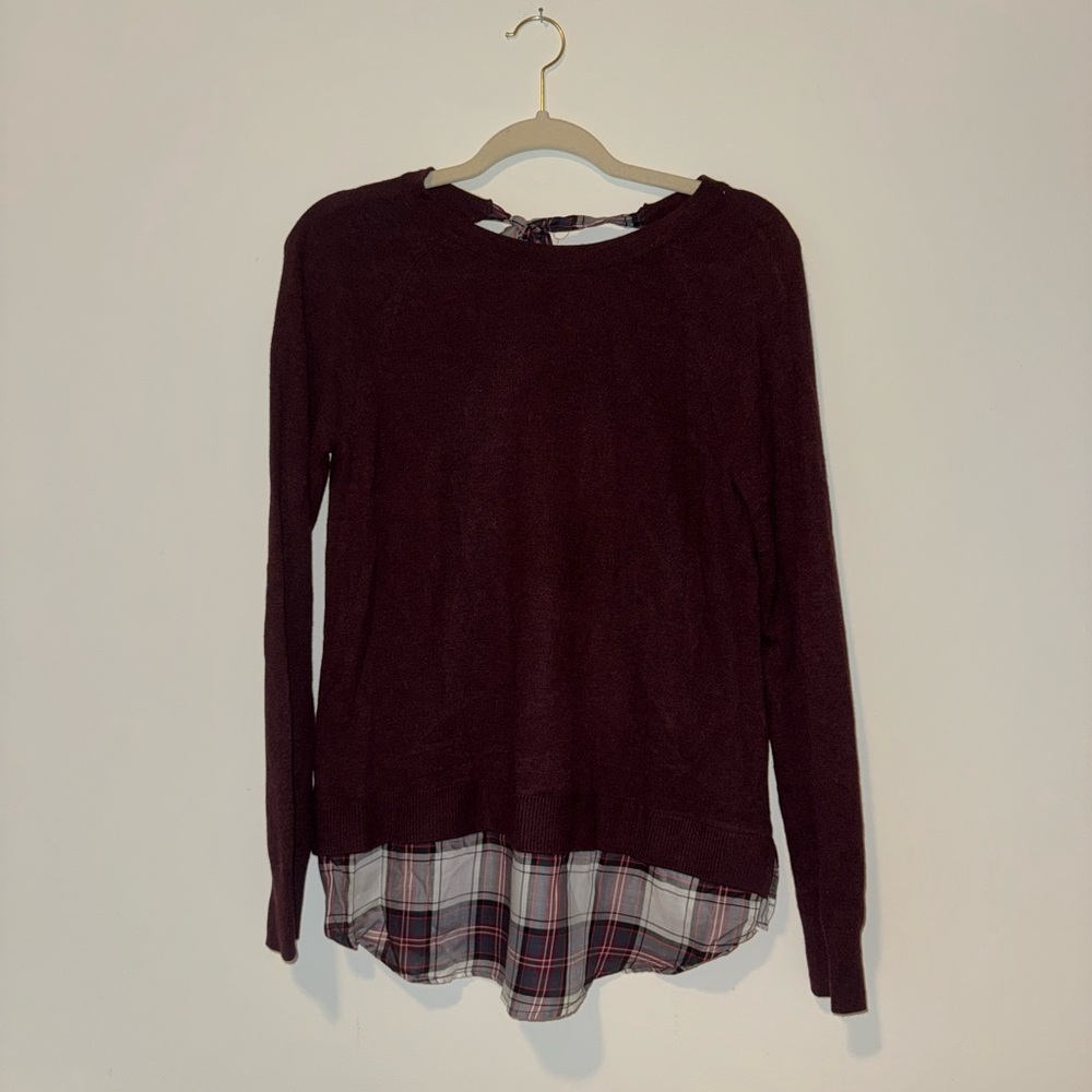 LOFT Burgundy Sweater with Plaid Hem